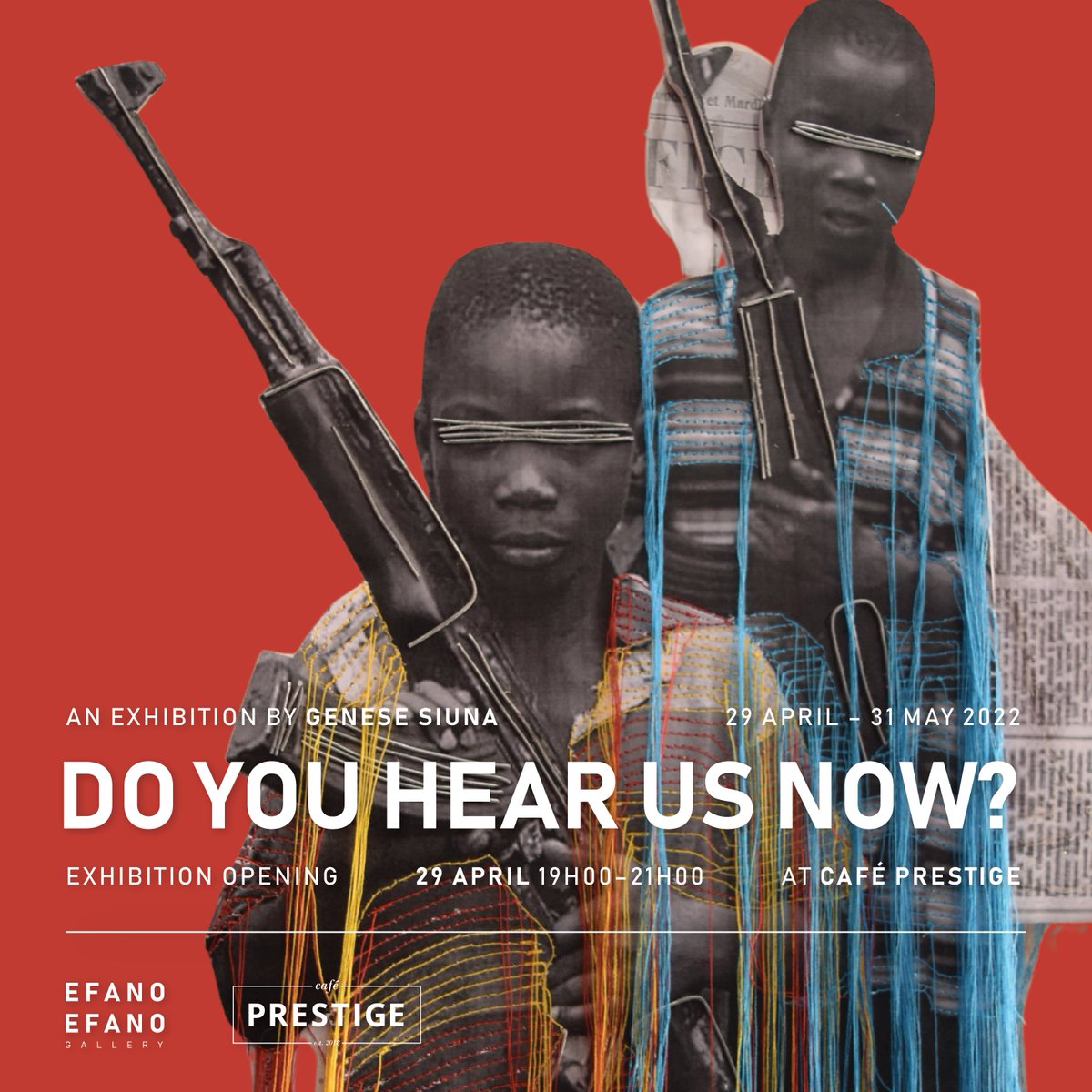 efanoefano's tweet photo. Join us for the opening of Genese Siuna's " Do You Hear Us Now? Exhibition at @cafeprestigena 
The exhibition sheds light on the exploitation of children in the DRC by the mining industry and militia groups that force them to become child soldiers. #efanoefano #doyouhearusnow? https://t.co/TkXyUyLhqB