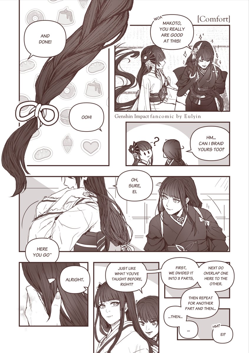 [Comfort] [1/2]
#genshinimpact #原神 Fancomic
--

Why did Makoto's hair wasn't braided as long as Ei's? Ah, maybe... maybe this is the reason. 