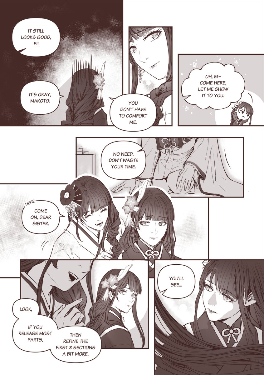 [Comfort] [1/2]
#genshinimpact #原神 Fancomic
--

Why did Makoto's hair wasn't braided as long as Ei's? Ah, maybe... maybe this is the reason. 