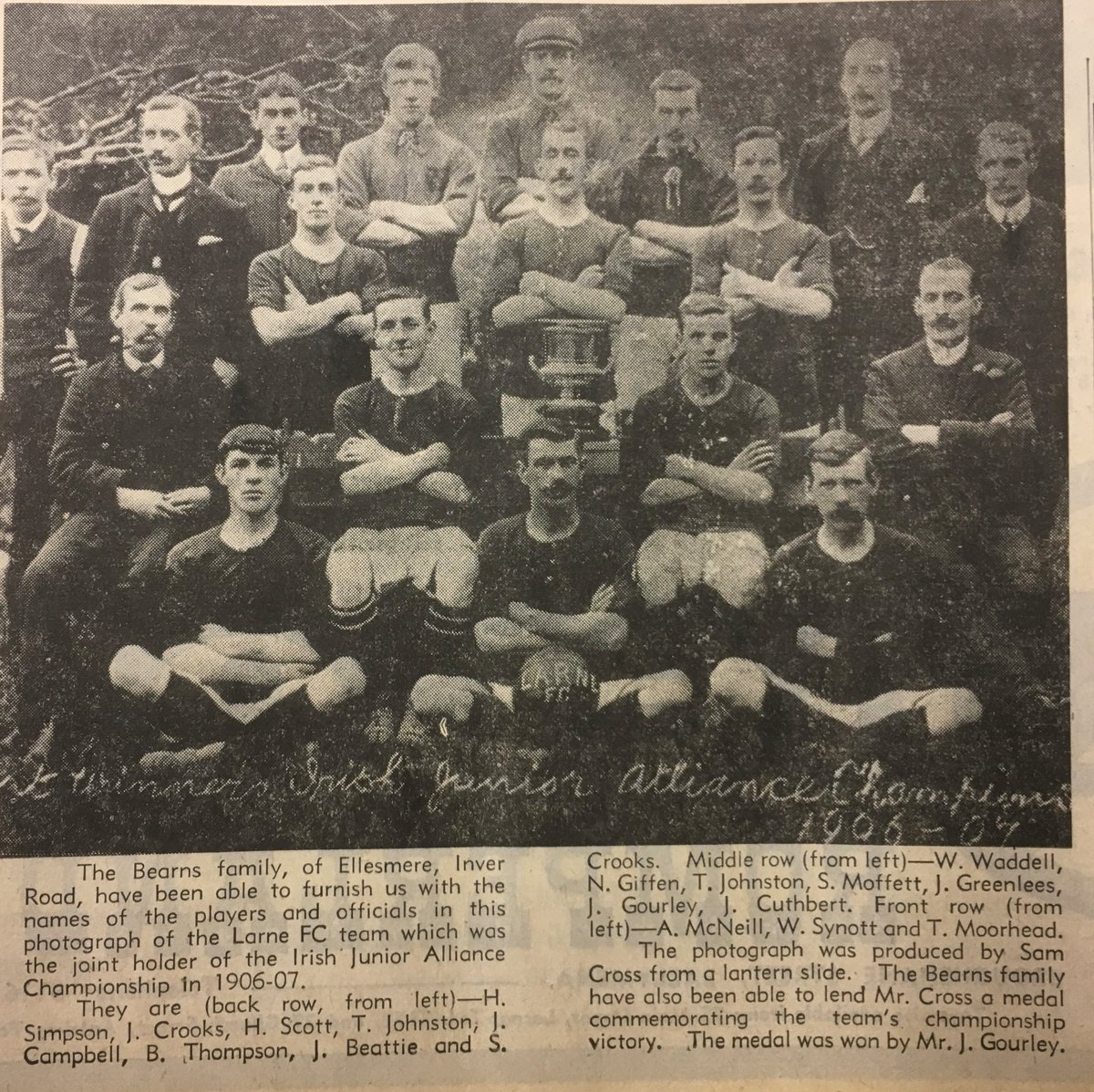topping_darren's tweet photo. Larne, Irish Junior Alliance (2nd Div.) champions 1906/07, finishing ahead of the likes of Owen o'Cork, Oldpark Corinthians, Cliftonpark Zebras &amp; Balmoral Industrial School. Photo was published in East Antrim Times, 16 Nov 1973 https://t.co/CzUXodULje