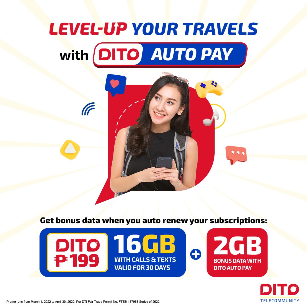 DITOphofficial's tweet photo. FOMO? Walang ganyan DITO!β
Bring out the wanderlust traveler in you by enjoying automatic resubscription using DITO Auto Pay with DITO Level-Up Pack 199!β
Subscribe na DITO!β Learn more: https://t.co/AoDyZ96JCrβ
#LevelUpDITO #DITOAutoPay #DITOtelecommunity https://t.co/O2LH5iwgdg