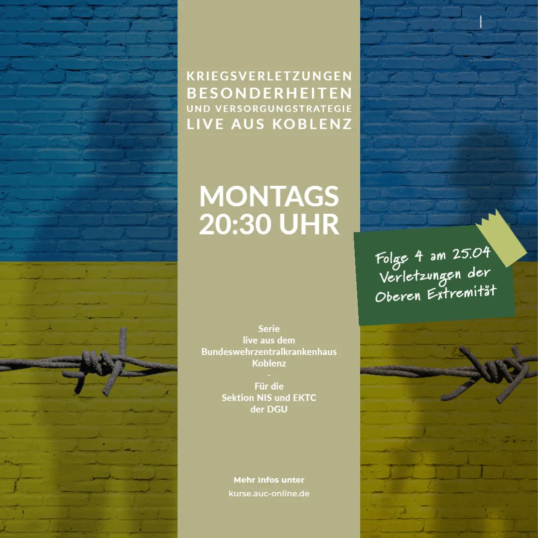 Heute geht unsere Serie zu Besonderheiten und Versorgungskonzepten weiter. Wir behandeln ab 20:30 Verletzungen an der Oberen Extremität. Kostenfrei anmelden auf bit.ly/30f7fNW Wie die letzten Male live aus dem #bundeswehrzentralkrankenhaus #Unfallchirurgie