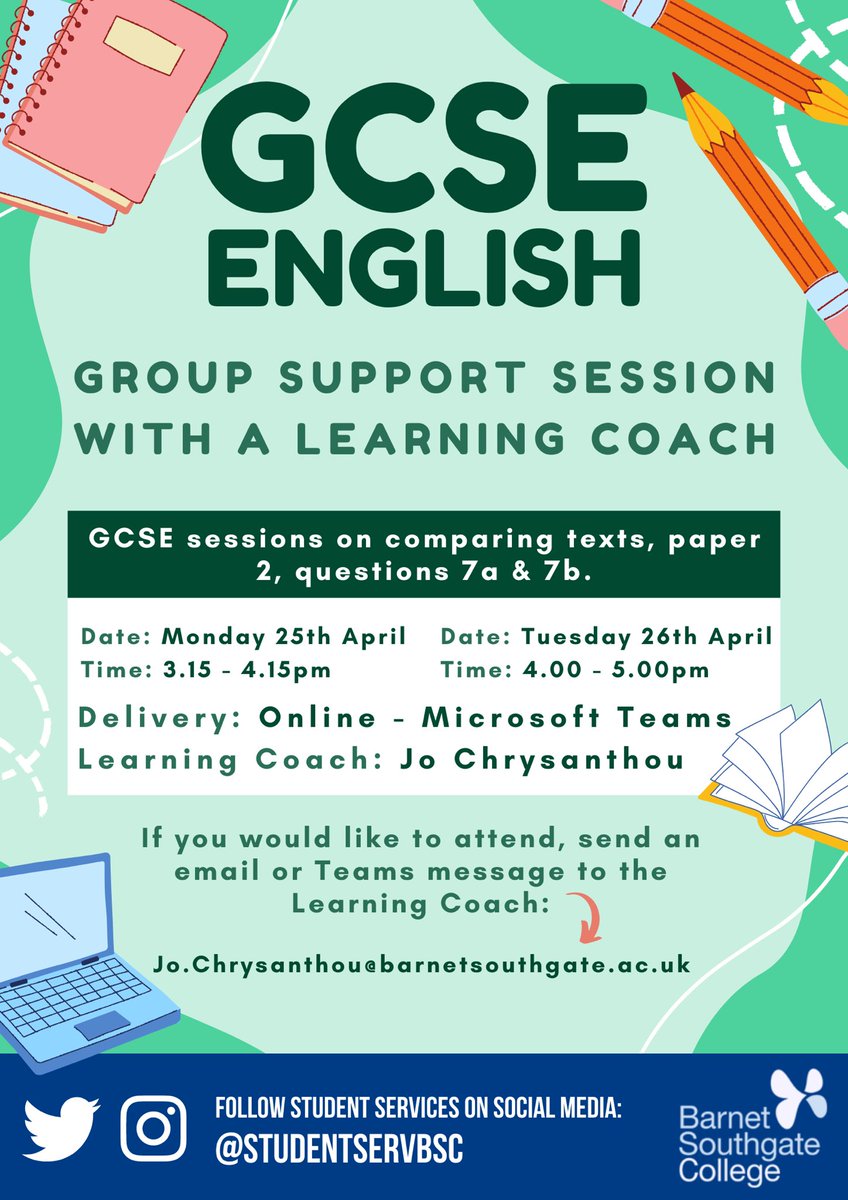 studentservbsc's tweet photo. Get extra help for your English with group support sessions delivered by a Learning Coach.
Check out the schedule below for this week’s sessions taking place on Teams.
@barnetsouthgate #englishsupport #studentservices #barnetsouthgatecollege https://t.co/cpLzIOOIYE