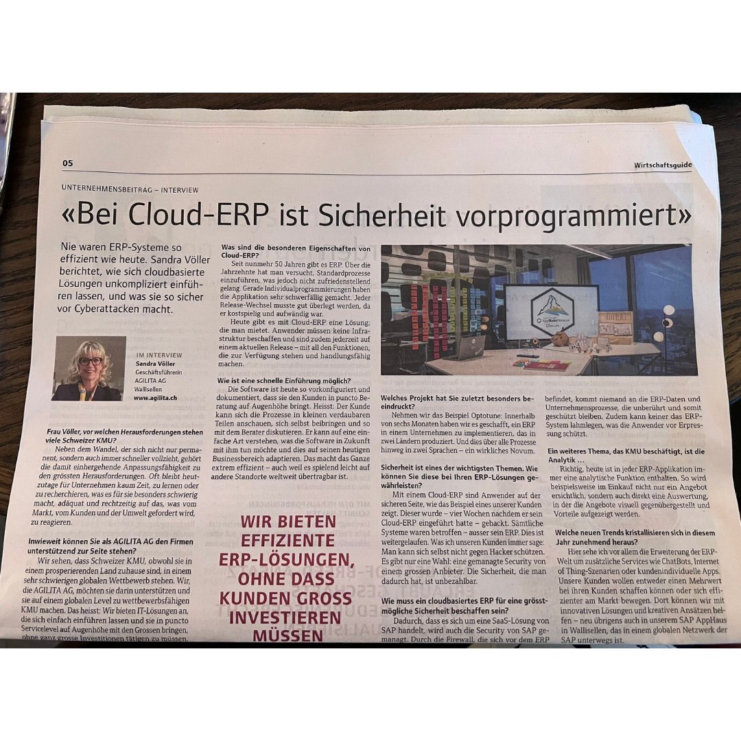 🚀Nie waren ERP-Systeme so effizient wie heute!

💡Unsere Geschäftsführerin Sandra Völler berichtet gestern in der Sonntagszeitung, wie sich cloudbasierte Lösungen unkompliziert einführen lassen und was sie so sicher vor Cyberattacken macht.

#CloudERP #Innovation #CloudNoDoubt