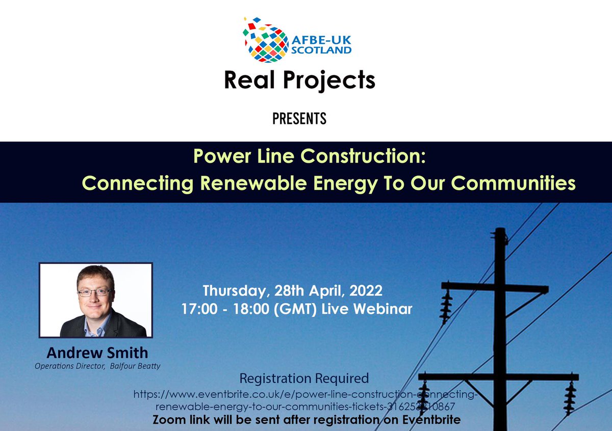 AFBEUKScotland's tweet image. What an inspiring event  #AFBELive conference was, why not join us at our Real Projects events.
Excited to have Andy Smith talk to us about the construction of power transmission infrastructure as part of our AFBE #RealProjects series.
Register here:- bit.ly/3vDp7O5