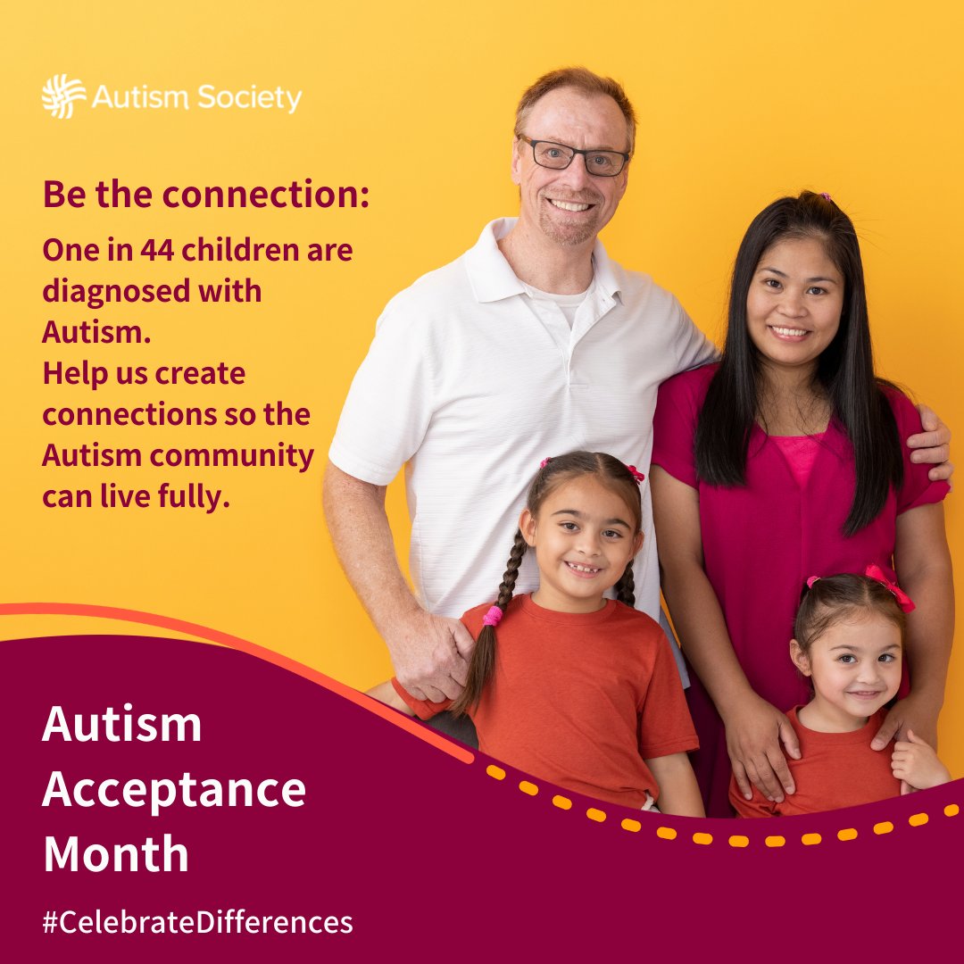 Autism Acceptance Month is an opportunity to advocate and practice acceptance for the Autism community through inclusion, support and connection. Autism affects people from all racial, ethnic and socio-economic standings.  autismsociety.org #CelebrateDifferences