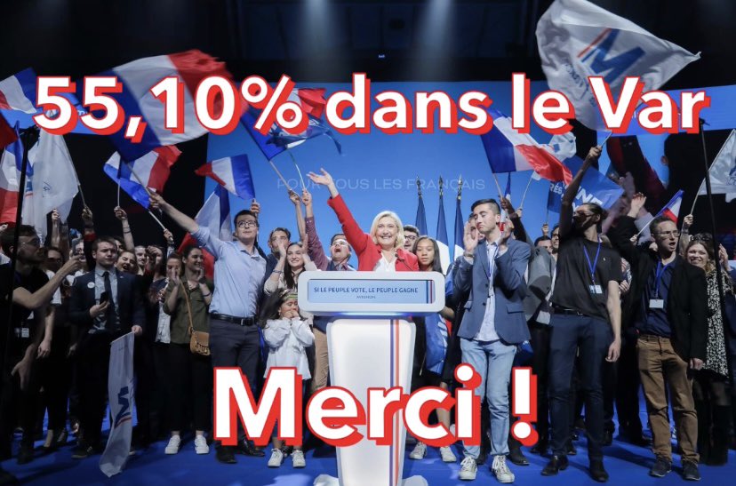 RNVar_officiel's tweet photo. 🔴 @MLP_officiel réalise le score écrasant de 55,10% dans le Var !

Merci à tous et en avant pour le troisième tour avec les élections législatives, où le @RNational_off présentera dans les 8 circonscriptions du Var un candidat pour vous défendre  💪🏻🇫🇷 https://t.co/mf5Ed904T2