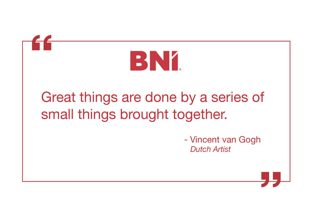 BNI_Japan's tweet photo. 「偉大なことは、小さなことの積み重ねによって成し遂げられる」
偉大なる画家ゴッホは、日々の小さなことの積み重ねが結果として大きな成果となると述べました。
たとえ小さなことでも他人へのGIVEを毎日続けていきましょう。
#WhyBNI #ReferralsWork #BNIJapan https://t.co/3Bijk2qydL