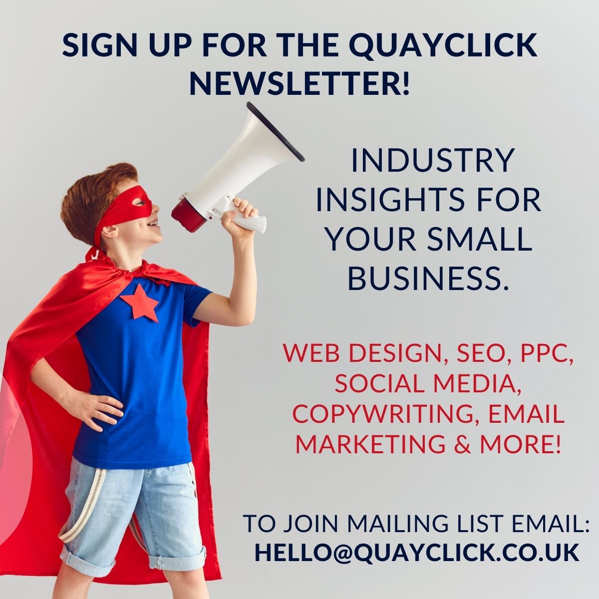 QuayClick's tweet image. Our monthly newsletter is full of useful insights for small businesses. Our next one is out soon and covers Conversion Rate Optimisation &amp;amp; how it could help your business increase sales.
To sign up email: hello@quayclick.co.uk
#exeter #exeterwebdesign #conversionrateoptimisation