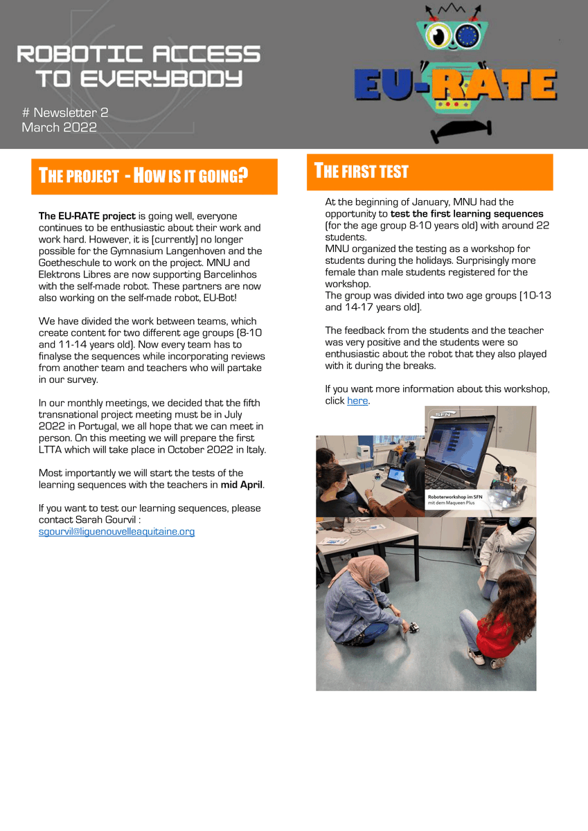 eu_rate's tweet photo. // THE 2ND NEWSLETTER IS ONLINE //
Small update about the Eu-Rate project!  You can also find the newsletter in Portuguese, German, Italian and French on our website https://t.co/grWSuwOeM8 .🇪🇺🤖
@ScuolaRobotica @laurent_leta @JorgSteiper @esbarcelinhos @ligue_NA @ErasmusplusFR https://t.co/XNwfgDKW1v