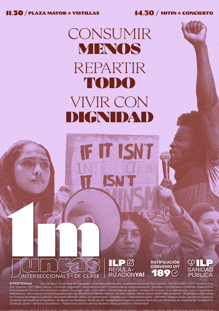 📣✊❇️ JUNTAS POR UN 1° MAYO INTERSECCIONAL Y DE CLASE 
Decenas de sindicatos y movimientos sociales desde la diversidad convocamos otro año a la manifestación del 1 Mayo a las 11.30 en la Plaza Mayor 
En los próximos días Manifiesto: 1demayointerseccional.wordpress.com
#1MayoInterseccional