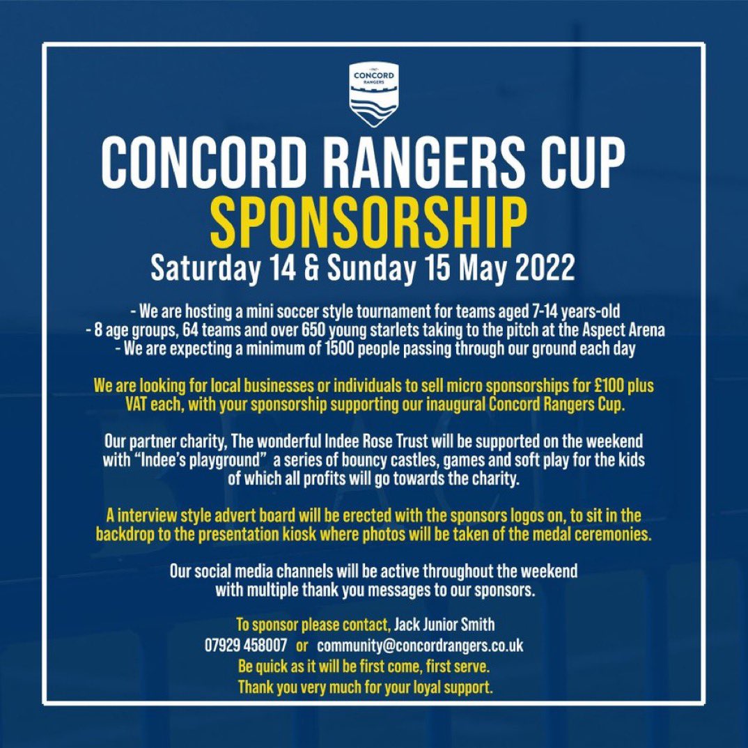 SPONSORSHIP: We’re looking for sponsors for the inaugural Concord Rangers Cup next month. Want to support local youth football as well as help raise more valuable funds for the @indeerosetrust ? Then check out the leaflet below for further information. #YAMC 💛💙