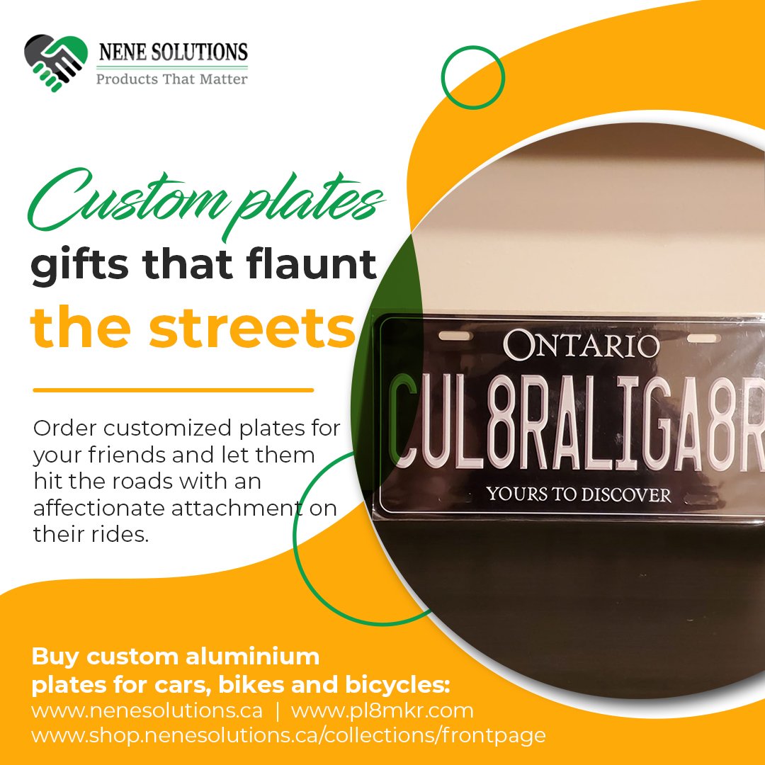 🌟 ***Custom plates - gifts that flaunt the streets***🌟

Order customized plates for your friends and let them hit the roads with an affectionate attachment on their rides ✅
shop.nenesolutions.ca/collections/fr….  
nenesolutions.ca  
pl8mkr.com  

#Canadadiscover