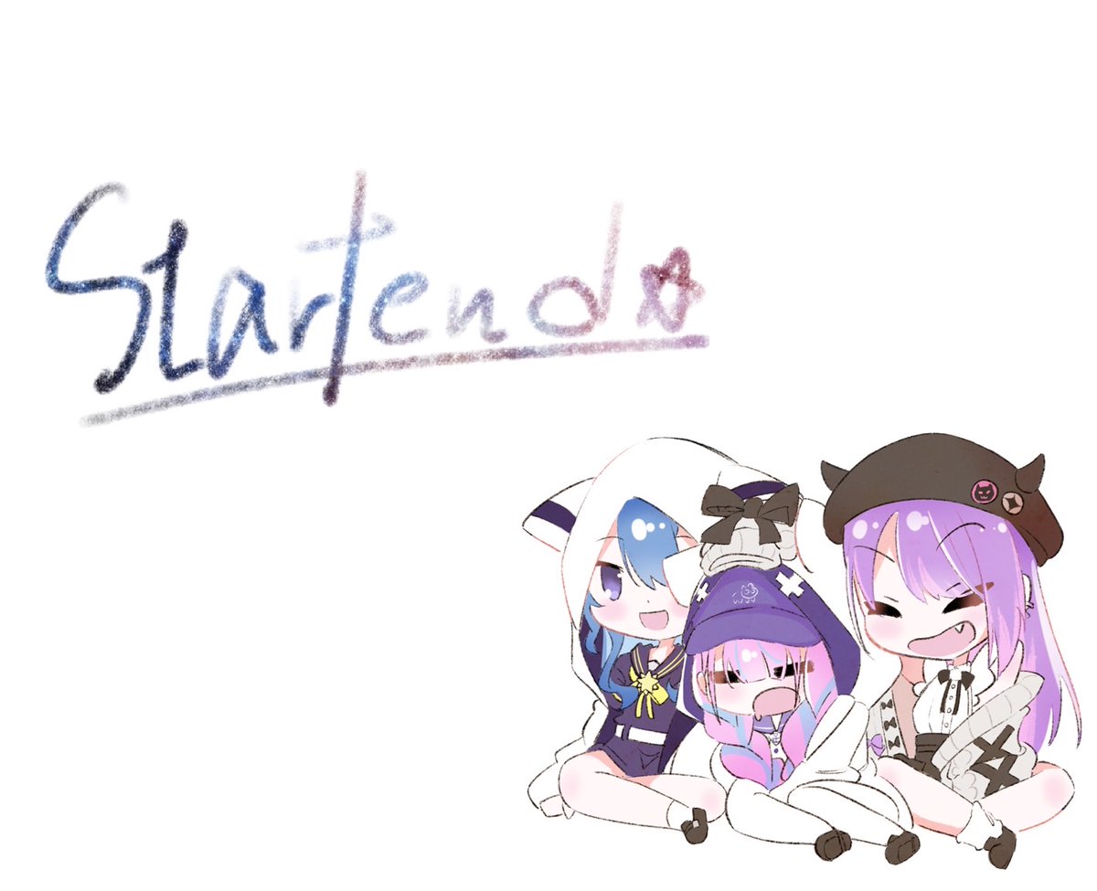 hoshimachi suisei ,minato aqua ,tokoyami towa multiple girls 3girls purple hair blue hair hood chibi hat  illustration images