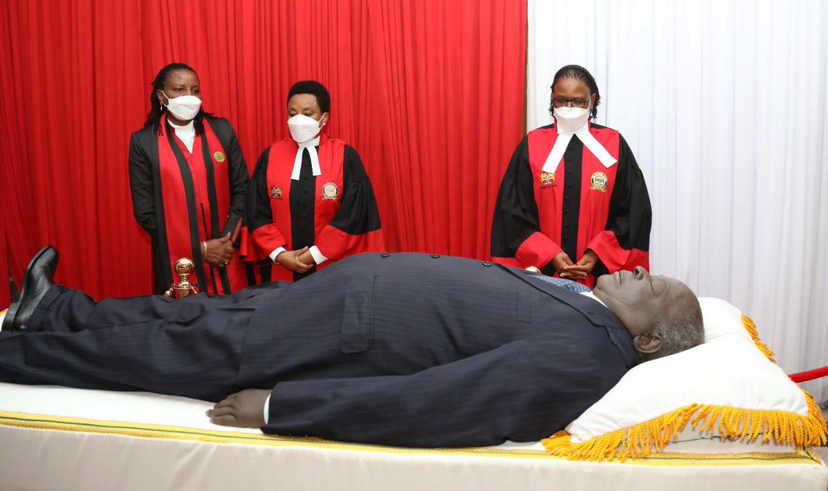 HonJBMuturi's tweet photo. Joined national leaders led by President Uhuru Kenyatta and Deputy President @WilliamsRuto in paying tribute to the departed 3rd President of the Republic of Kenya, the late H.E. Emilio Mwai Kibaki, who is laying in state in Parliament starting today. His great legacy lives on! https://t.co/gmgY21Pu0q