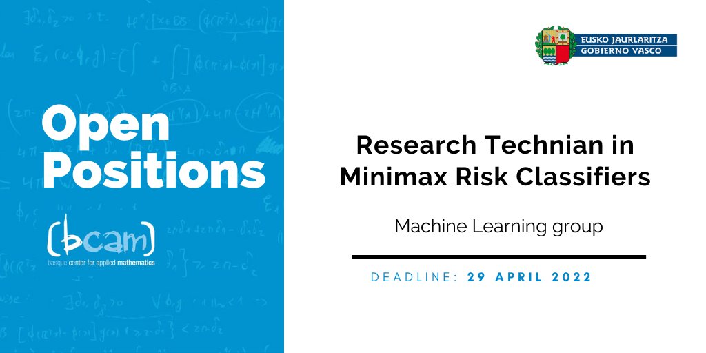 BCAMBilbao's tweet photo. #JobOffer #JobOfferBCAM
⚠️ Last days to apply for Research Technician in Minimax Risk Classifiers. Don't miss the opportunity to work with Dr. S. Mazuelas in supervised learning by robust risk minimization #machinelearning
🗓️ Deadline: 29 April 2022
ℹ️ https://t.co/p4CP3C7uSF https://t.co/hOV5JtnNmL