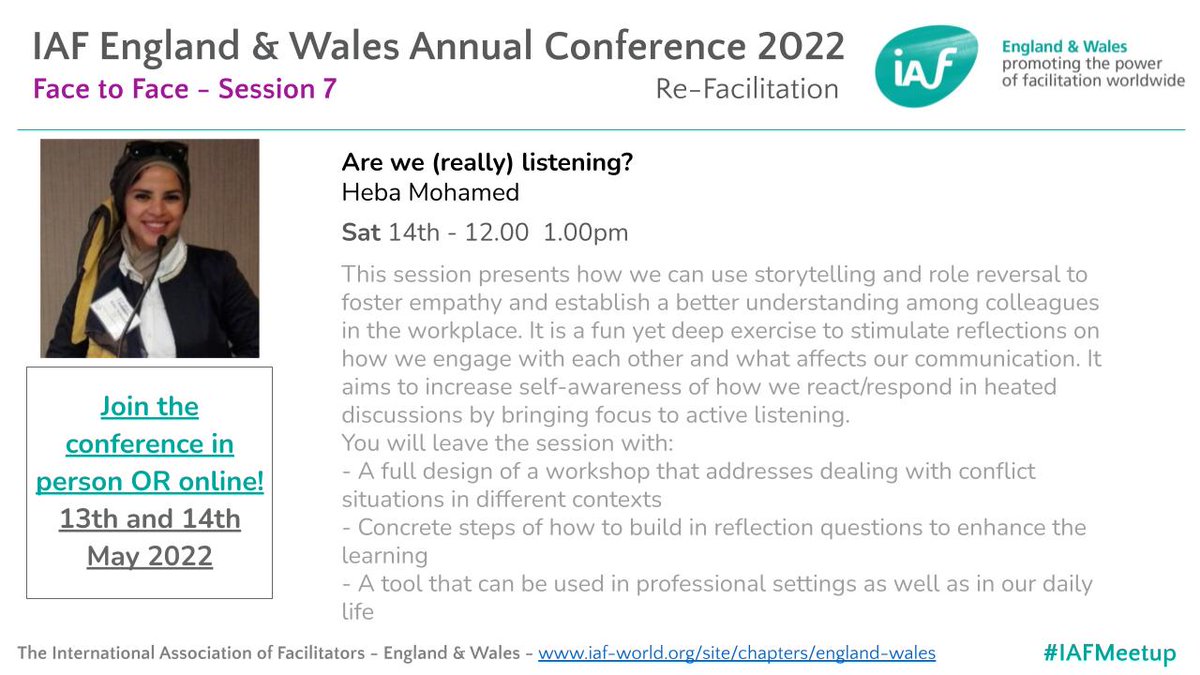 IAFEnglandWales's tweet image. Another great session at our conference (13th and 134th May) is this one from Heba Mohammed - "Are we (really) #listening?". It's one of many brilliant sessions we have lined up for you! You can still get tickets until 8th May eventbrite.co.uk/e/re-facilitat… #facilitation #IAFmeetup