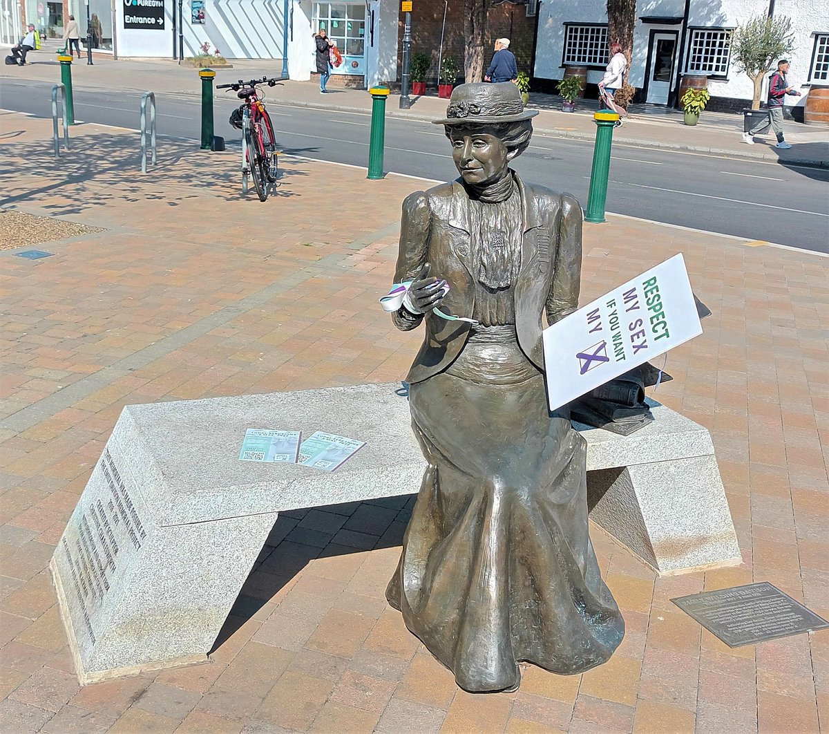 Emily Wilding Davison knew her oppression was sex-based. To tell the world, she died at the Epsom Derby in 1913, walking into the path of the King's horse. #RespectMySex if you want my X.

Photo: Statue of Emily Wilding Davison. Epsom, Surrey