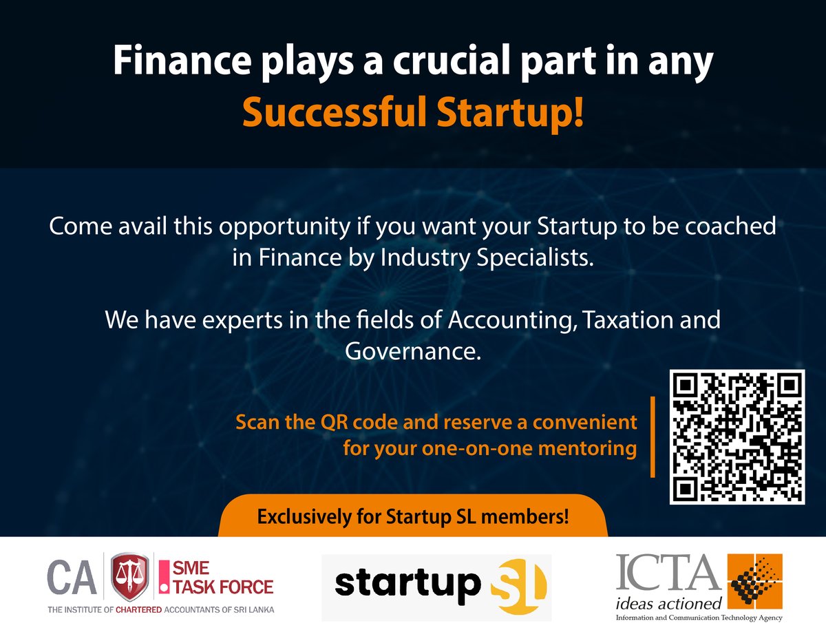startup_sl's tweet photo. If you want your startups to be guided in Finance by industry experts, in the field of Governance, Taxation, and Accounting, this opportunity is exclusively for Startup SL Members. 

Link to register: https://t.co/pWLYIaAvKN

#mentoring #finance #startupSL #ICTA https://t.co/CqLK2KjG14