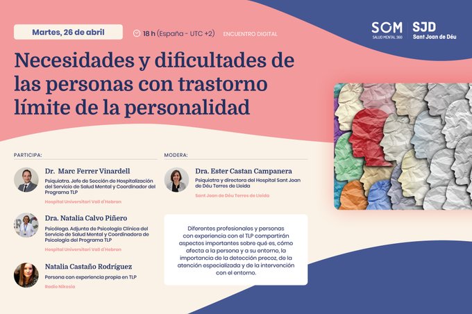 SaludMentalSJD's tweet photo. 🗨️ Conéctate al webinar: 𝐍𝐞𝐜𝐞𝐬𝐢𝐝𝐚𝐝𝐞𝐬 𝐲 𝐝𝐢𝐟𝐢𝐜𝐮𝐥𝐭𝐚𝐝𝐞𝐬 𝐝𝐞 𝐥𝐚𝐬 𝐩𝐞𝐫𝐬𝐨𝐧𝐚𝐬 𝐜𝐨𝐧 𝐭𝐫𝐚𝐬𝐭𝐨𝐫𝐧𝐨 𝐥𝐢́𝐦𝐢𝐭𝐞 𝐝𝐞 𝐥𝐚 𝐩𝐞𝐫𝐬𝐨𝐧𝐚𝐥𝐢𝐝𝐚𝐝 #TLP

📣 Recuerda: Mañana 26/04 ⏰ a las 18h. 

👉 Inscríbete en https://t.co/hqDuuMUDAX https://t.co/aZAL5S5A1o