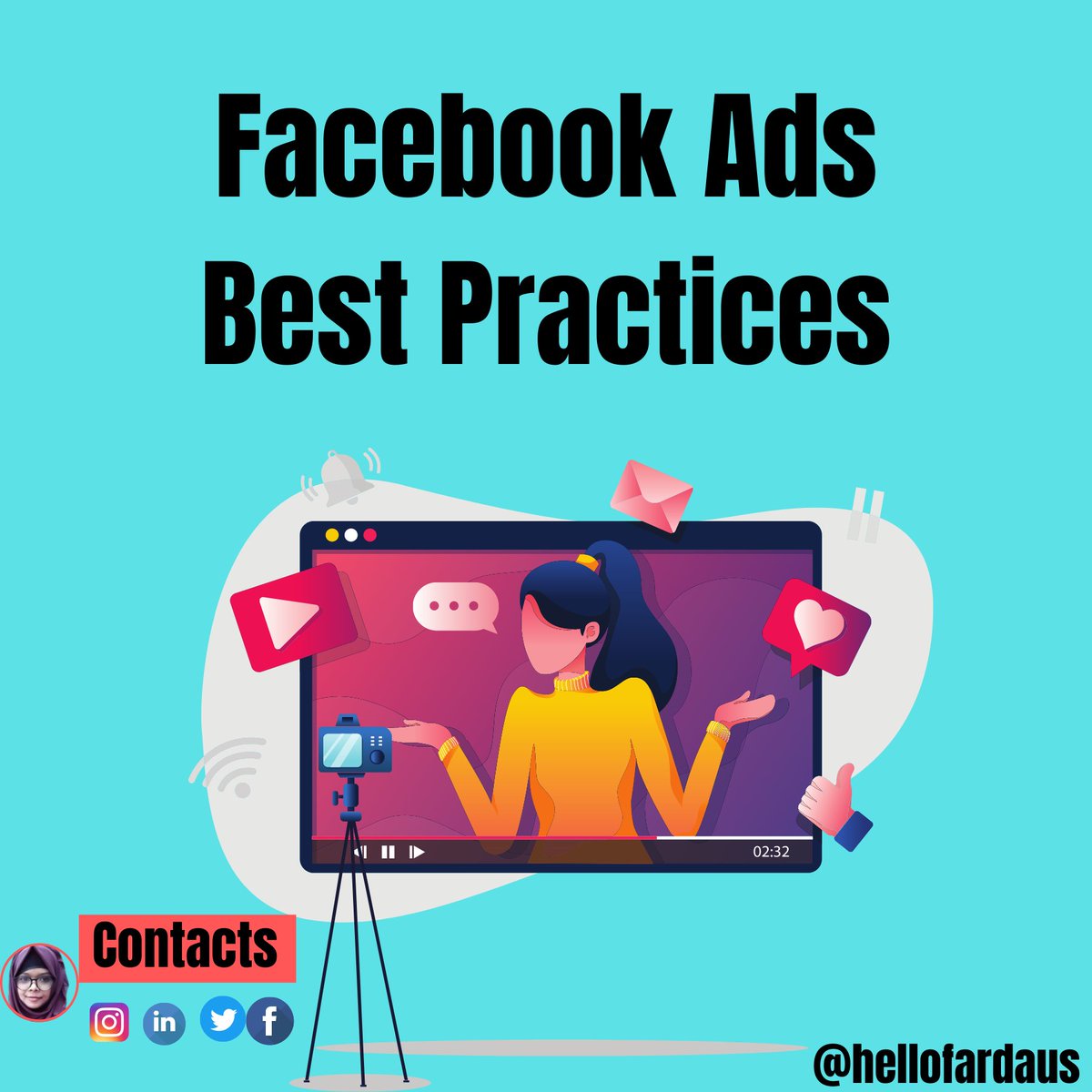 hellofardaus's tweet photo. Facebook Ads Best Practices
1. It's targeted to a specific audience.
2. It's relevant to the audience.
3. It's visual.
4. The visuals and copy are closely aligned.
5. It has a clear call to action.
#facebookads #adsrun #ads #hellofardaus #jannatulfardausisma https://t.co/w67rNCgn2f