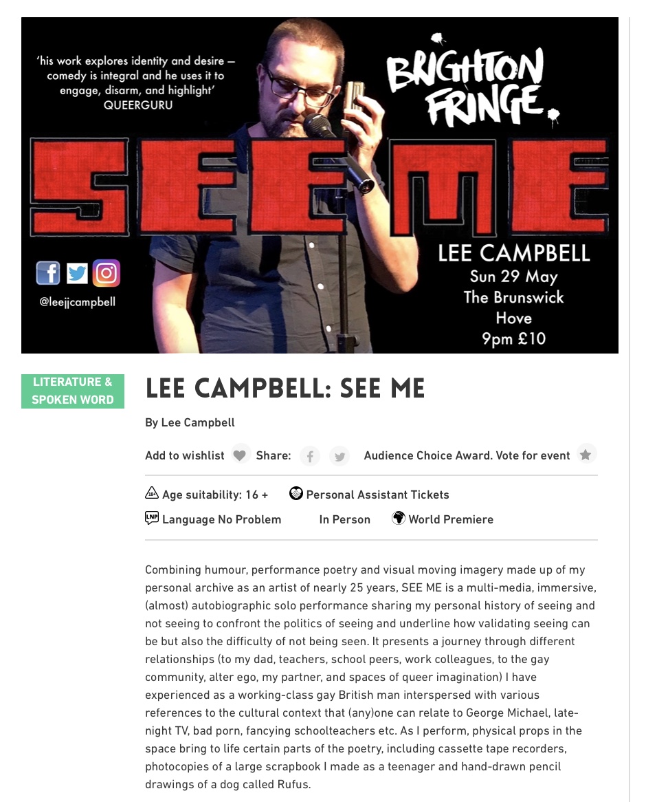 Lee Campbell: 'SEE ME - ' 9pm, Sunday 29th May 
The Brunswick, Hove
Tix: brightonfringe.org/whats-on/lee-c…
#spokenwordpoetry #spokenword #poetry #performancepoetry #poet #poem #queerwriting #queerfilmmaker #queercinema
#brightonfringe22 #literature #brightonfringe
