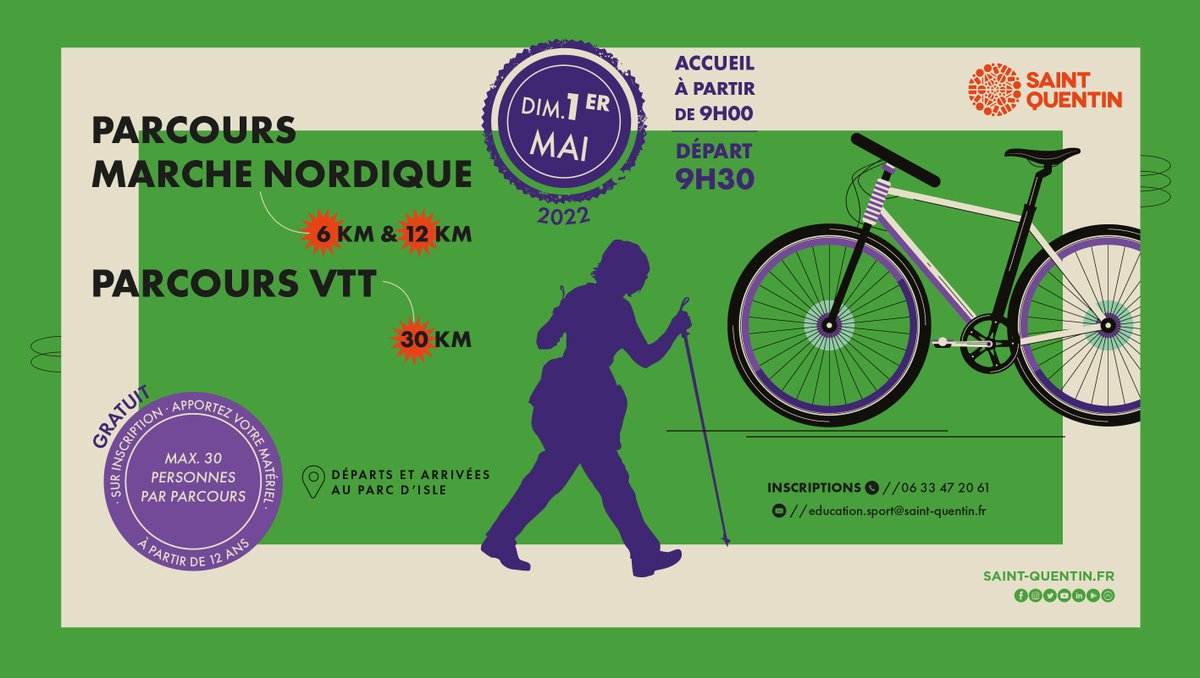 a_saint_quentin's tweet photo. #SPORT | Des activités qui vont vous mettre de bonne humeur 😃
Le dimanche 1er mai à partir de 9h, les animateurs sportifs de la ville vous proposent 1 parcours VTT de 30 km et 2 parcours de marche nordique de 6 et 12 km au départ du #ParcDIsle 🚲🥾
ℹ️ 06 33 47 20 61 https://t.co/JhFSdFLtJr