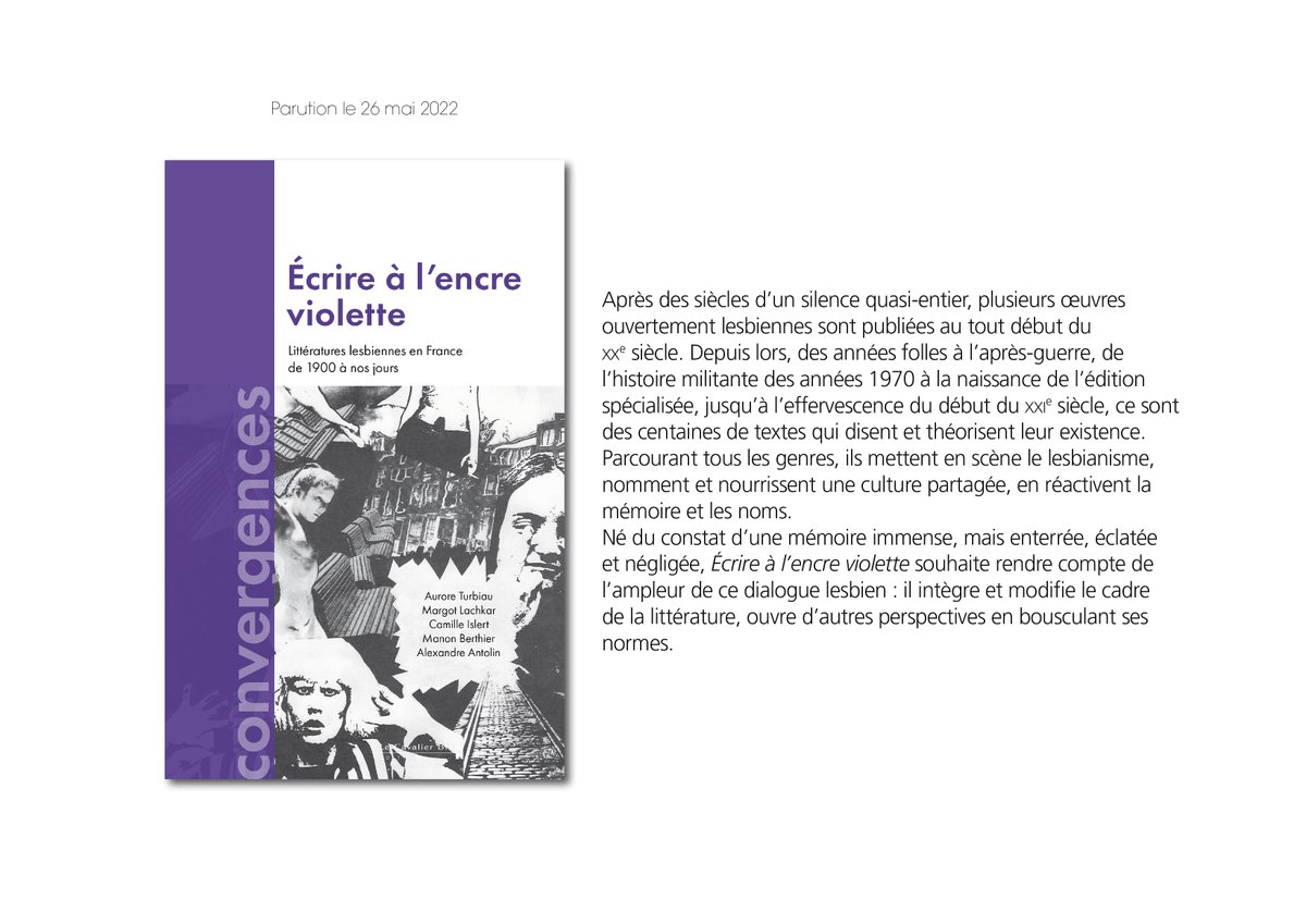 [#AParaître] "Écrire à l'encre violette. Littératures lesbiennes en France de 1900 à nos jours" de @AuroreTurbiau, @margot_lachkar, @CamilleIsl, <a href="/manonbey/">manon</a>  et <a href="/AlexandreAntol1/">Dr ès Lavande, protecteur des archives du lobby 🌈</a>. 
En librairie le 26 mai et on a vraiment hâte de vous le faire découvrir 💜
lecavalierbleu.com/livre/ecrire-a…