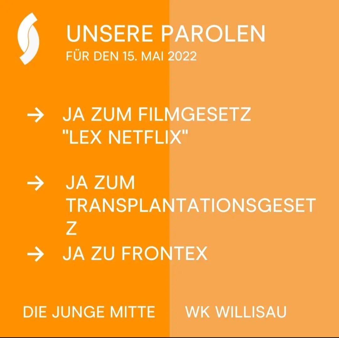 DieJungeMitteWS's tweet photo. Es ist wieder soweit! Wir haben unsere Parolen für die Abstimmungen am 15. Mai beschlossen🗳

Wir setzen uns ein für...

...eine starke schweizer Filmförderung🎬

...ein neues Transplantationsgesetz welches Leben rettet🏥

...eine gute Zusammenarbeit mit den Schengen Staaten💪 https://t.co/RNBOc831mH