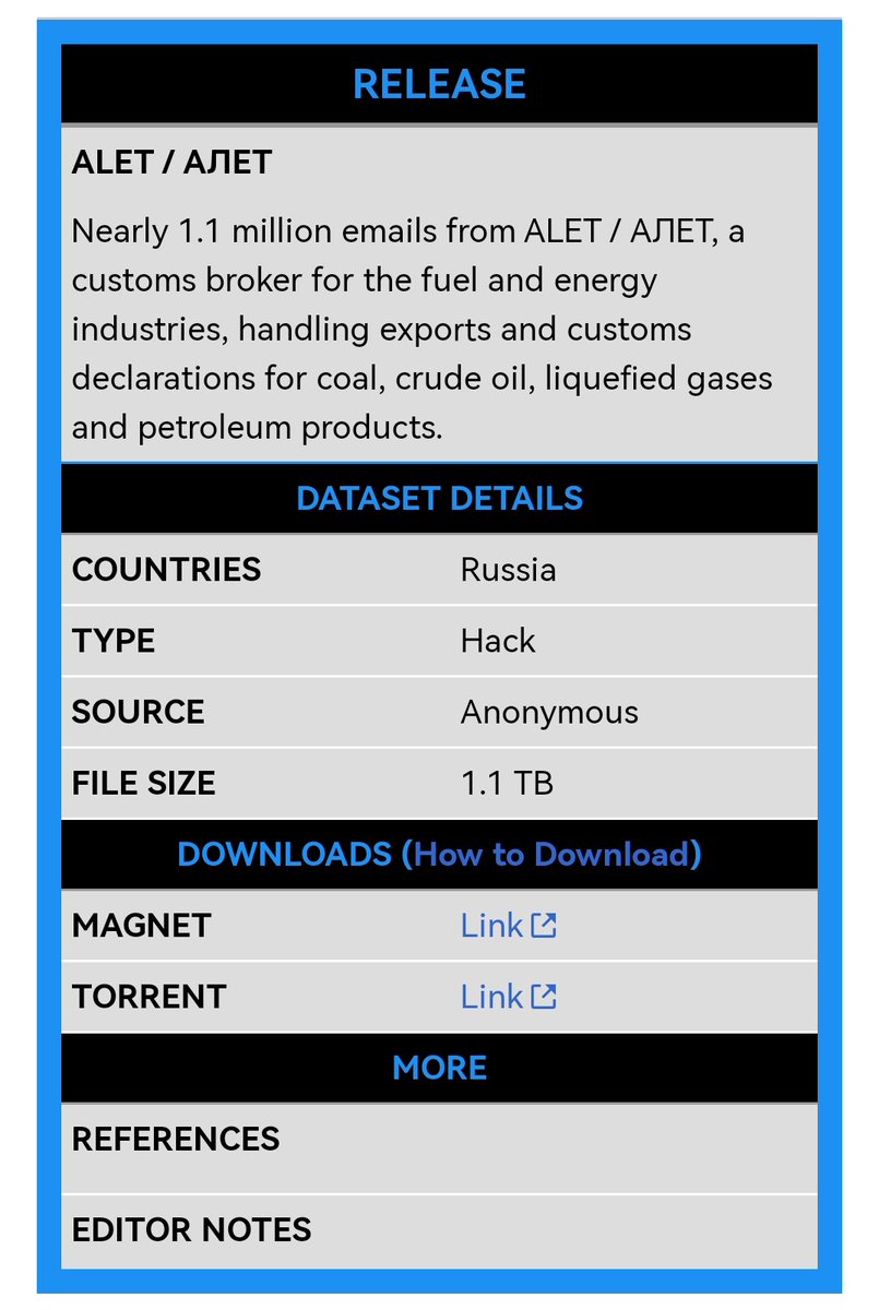 S0ufi4n3's tweet photo. Nearly 1.1 million emails from ALET / АЛЕТ, a customs broker for the fuel and energy industries, handling exports and customs declarations for coal, crude oil, liquefied gases and petroleum products.

More than 1TB of data leaked on #DistributedDenialofSecrets https://t.co/T9rryM1nXj