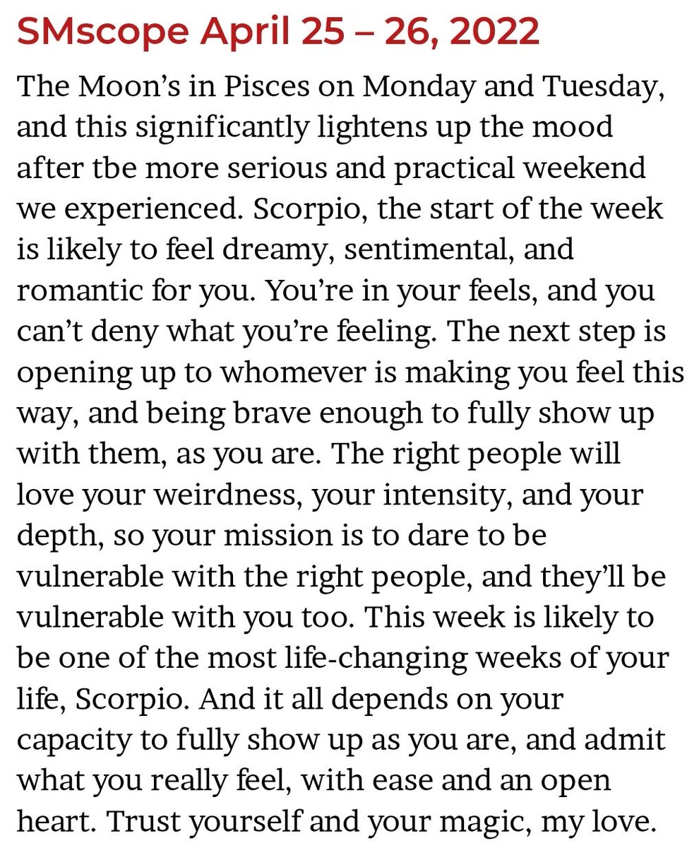 ScorpioMystique's tweet photo. #SMscope April 25 - 26, written by @dossevia ♏️♥️✨ https://t.co/4axh4o4KTG