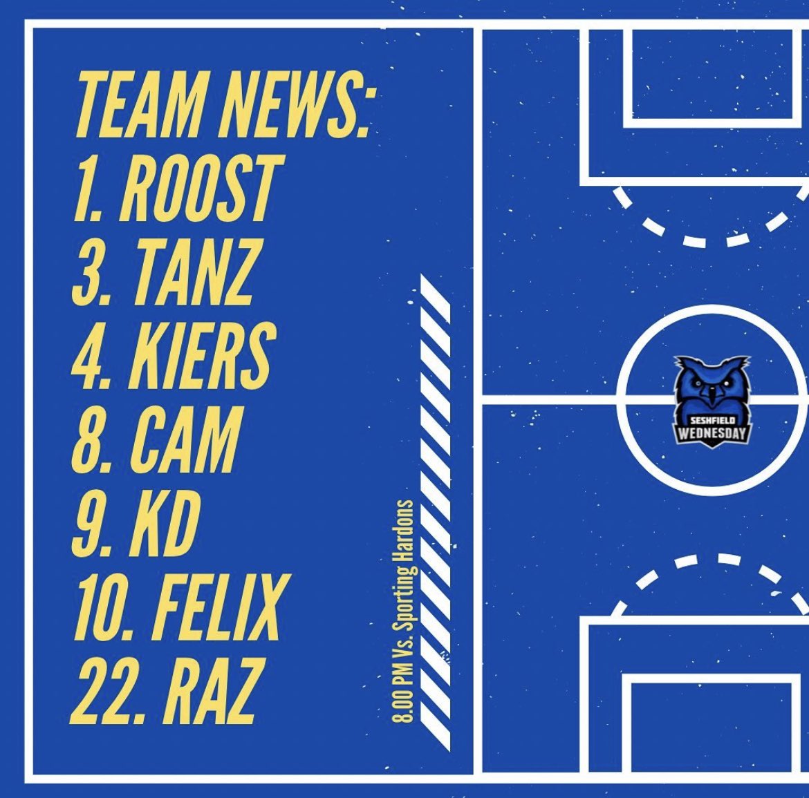 Seshwednesdayfc's tweet photo. 🔵 MATCHDAY ⚪️

🆚 Sporting Hardons
⏱ Kick-off 8:00pm 
🎥 Live on Facebook

Hopefully the opposition turns up and actually wants to play us for once. 

🦉 Up the Sesh 

#Sesh #6Aside #Nottingham #LeisureLeagues #Football #SWFC #Matchday @NottmLeisure https://t.co/1CmrpYXKCv