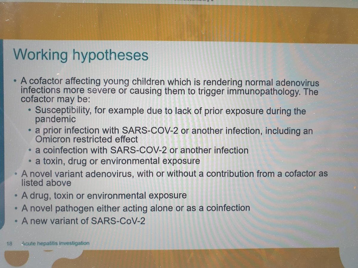 Working hypotheses on hepatitis of unknown aetiology in children.
 Meera Chand ECCMID 2022