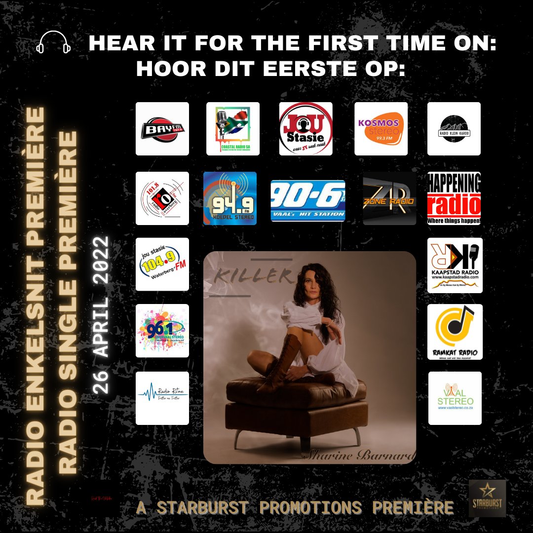 #HoorDitEerste #HearItForTheFirstTime
Tuesday, 26 April, marks the release of the new single by <a href="/SharineBarnard/">Sharine Barnard</a> , #Killer!
Thank you to all these fine stations for giving it a spin on release day!
<a href="/KaapstadRadio/">Kaapstad Radio</a> <a href="/bayfmofficial/">BayFM 107.9</a> <a href="/JouStasie/">Jou Stasie</a> <a href="/KosmosStereo/">99.3fm Kosmos Stereo</a> <a href="/906fmstereo/">90.6FM Stereo</a> <a href="/RadioOverberg/">Radio Overberg</a>