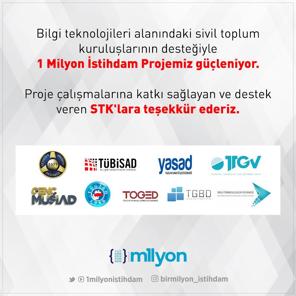 Sivil toplum kuruluşlarının projemize olan katkıları ve destekleri için teşekkür ederiz. 👏🏻

#1Milyonİstihdam
#MilliTeknolojiHamlesi
#BirlikteGüçlüyüz