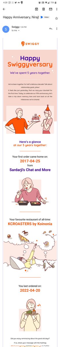 nirajpatel273's tweet image. Hey @Swiggy_in, we&apos;ve known each other for 5 years! Today marks our #Swiggyversary :)