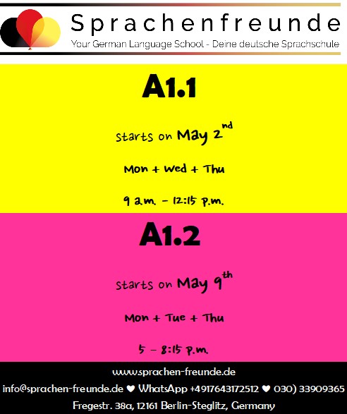 Sprachenfreunde's tweet photo. A1 im Mai (https://t.co/MQo5vVpzHQ) #deutschlernen #sprachenfreunde #germanlanguage https://t.co/pv1bnx8pL8