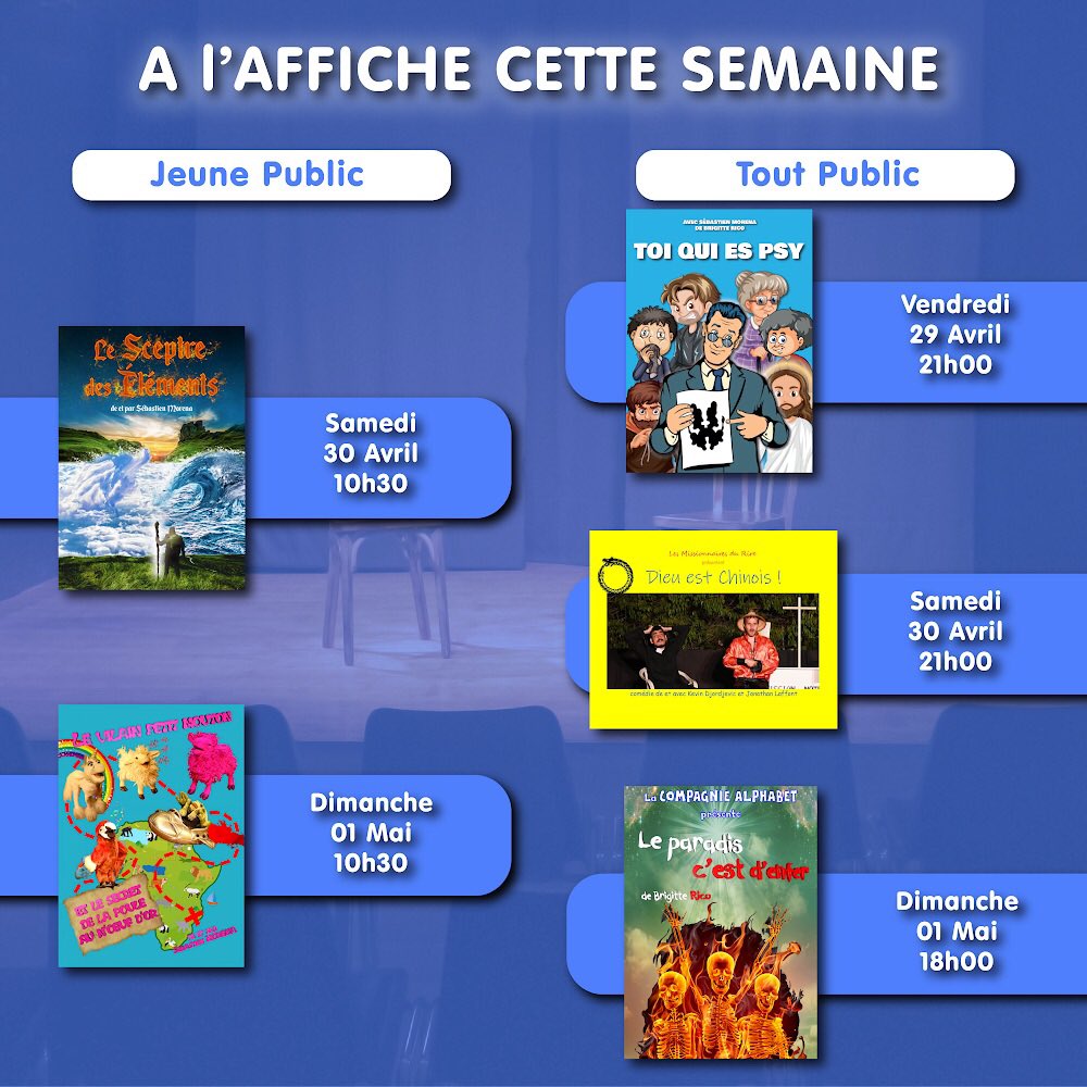 C’est parti pour une nouvelle semaine au Théâtre L’Alphabet ! Au programme 2 spectacles pour enfants et 3 pour les plus grands.

⚠️ N’oubliez pas de réserver vos places !!
➡️ spectacle-nice.mapado.com