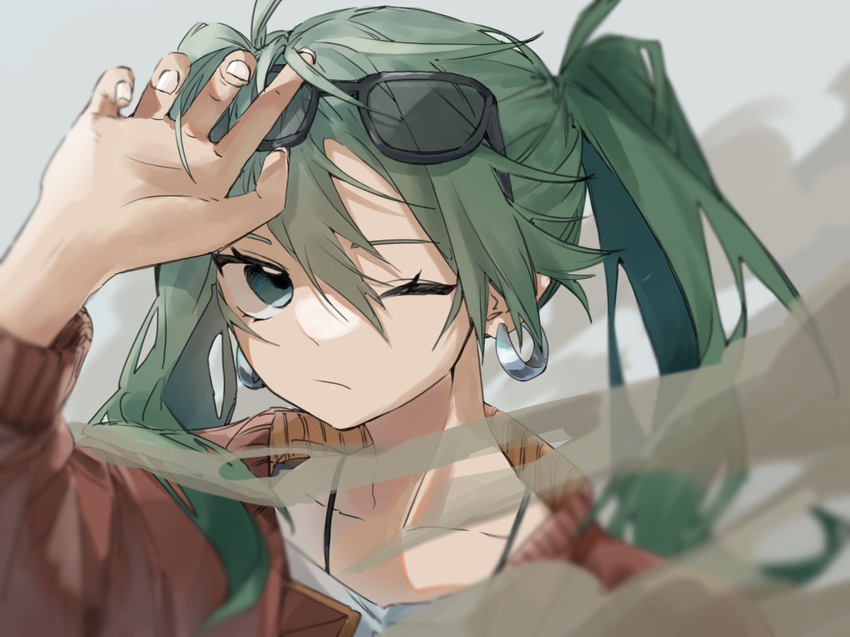 hatsune miku 1girl eyewear on head jewelry twintails one eye closed earrings solo  illustration images