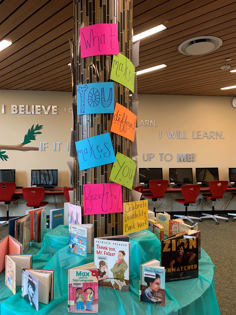 Wrapping up our celebration of #DisabilityBookWeek in @SBISD, this morning we are visiting the @ShadowOaksOwls  library to see Ms. Hannemann's display!