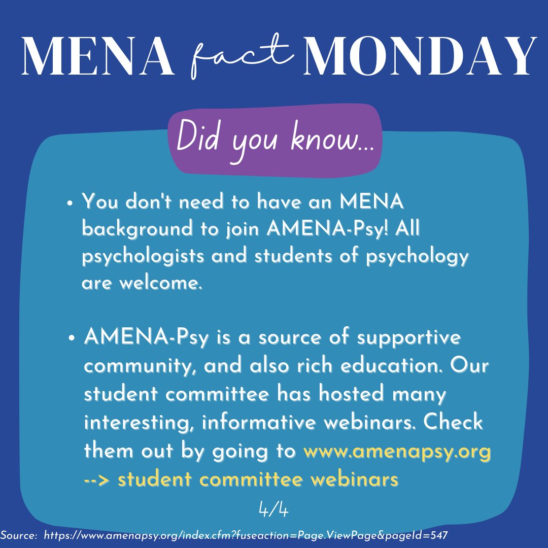 On our last #MENAFactMonday of #NationalArabAmericanHeritageMonth, it was only natural that we highlight some facts about our awesome organization! For more information, check out our website amenapsy.org. 💙💜✨#NAAHMxAMENAPsy  #WeAreMENA #psychology