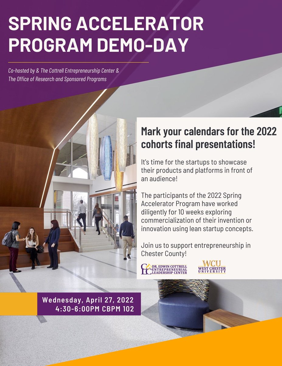 Join us for Demo-Day this Wednesday April 27 4:30-6:00pm in <a href="/WCUCBPM/">WCU CBPM</a> room 102! Participants of the 2022 Spring Accelerator Program will be presenting their venture after working diligently for 10 weeks using lean startup concepts💡

Thank you <a href="/WCU_Research/">WCU Research</a> for your collaboration!