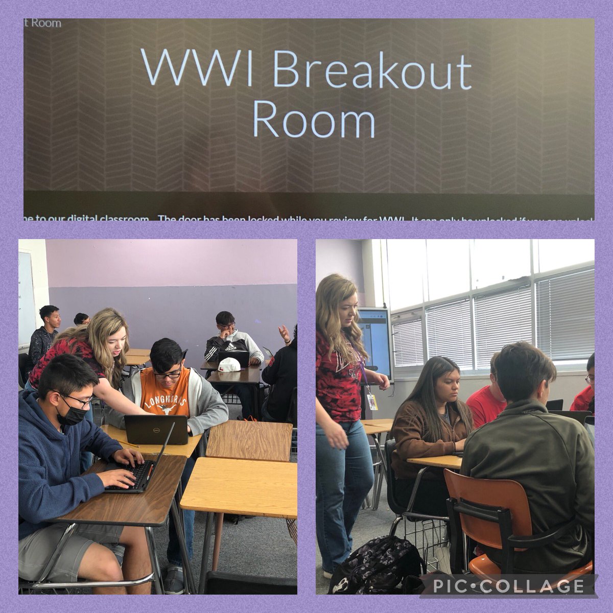 eturner04's tweet photo. Students are engaged and rocking the Digital Breakout room for a WWI review! @CaitlinHenson #breakoutroom @pbtisd #engagedlearning #edtech https://t.co/0YquO1Usei