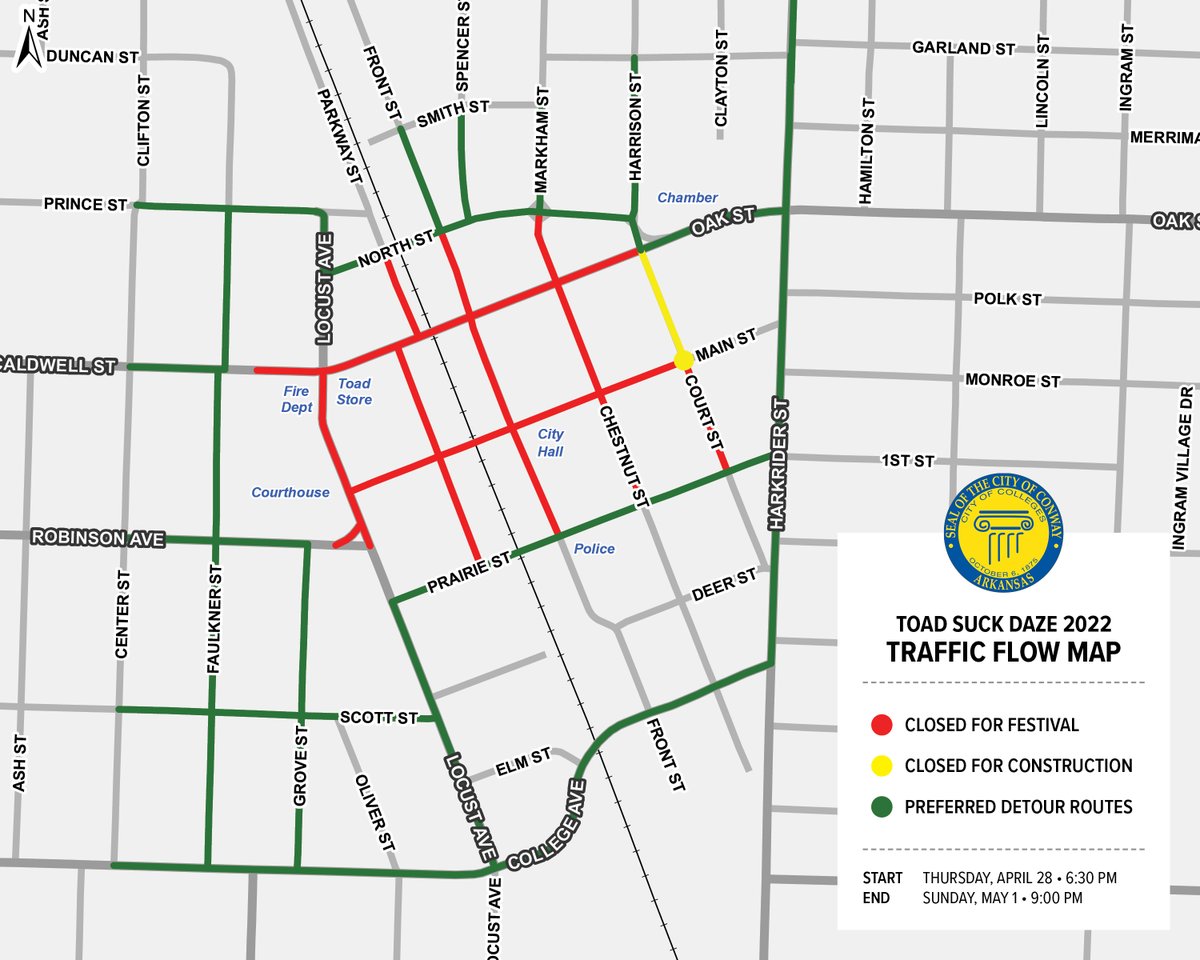 CityofConway's tweet photo. .@ToadSuckDaze is coming back to downtown Conway this weekend! Public safety is a priority so we want everyone to prepare for a change in traffic, road closures, and an increase in pedestrian foot traffic along the streets surrounding the festival. #ToadSuck #ToadSuckDaze https://t.co/6eUX3idVRB