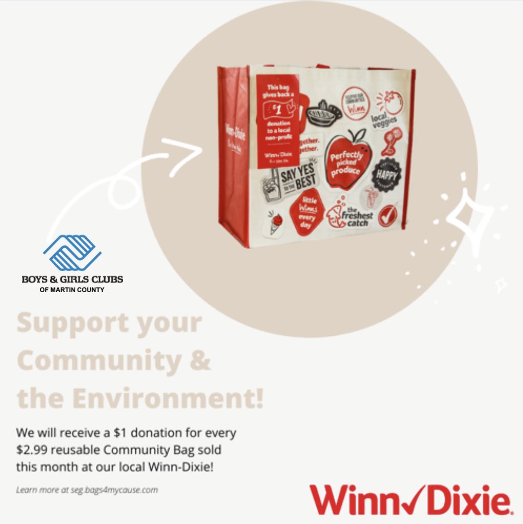 bgcmartincounty's tweet image. There’s still time to support #GreatFutures &amp;amp; the environment at @WinnDixie! Until the end of April, #BGCMC will receive a $1 donation from each purchase of the $2.99 reusable Community Bag at Winn-Dixie 8867 Southeast Bridge Road, #HobeSound. More info: seg.bags4mycause.com