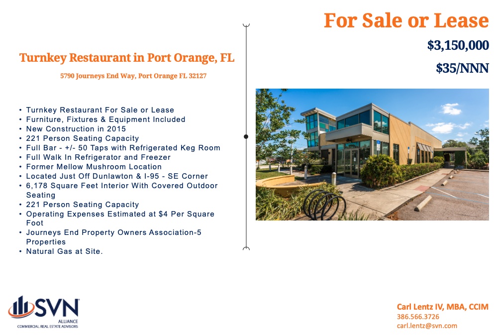 SVNAlliance's tweet photo. For Sale or Lease - 
Turnkey Restaurant in Port Orange!
#restaurant #retail #forsale #forlease https://t.co/nzv4JYjuEY