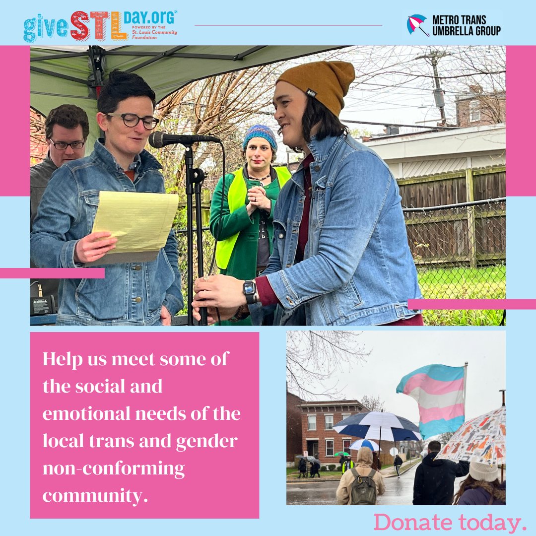 Trans adults in STL need your support, now more than ever.  Donate to help us provide essential community needs like:
🍞food
👚clothing
🚍bus passes 
👯‍♀️social events 
🤝community partnerships 
🏳️‍🌈support groups 

Donate today: givestlday.org/stlmetrotrans