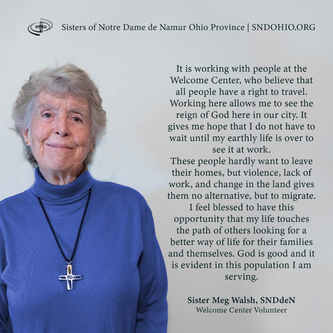SNDdeNOhio's tweet photo. Sister Meg Walsh, SNDdeN shared a reflection from her work at the Welcome Center, where she reaches out to displaced men, women and children. She shared her reflections with us. Learn more about the Sisters' work: https://t.co/R04bUoUpnq  #sndden #immigrationwork #Godisgood https://t.co/PtJM1yJs6N