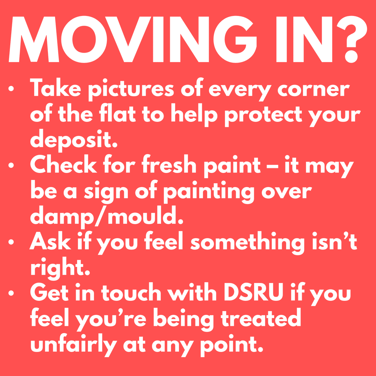 dsrudundee's tweet photo. Moving in to your new student property in Dundee? Remember these top tips when you get into your property for the first time. Get in touch with DSRU's team if you need help campaigning to protect your rights or if something doesn't feel right ➡️ https://t.co/jxfMbW05dj https://t.co/x01lqyYhBz