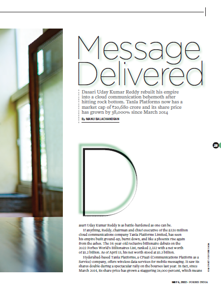Tanla_India's tweet photo. Tanla's Chairman & CEO, @udaydasari, has been named in the Forbes World's Billionaires List 2022. Thanks to his unwavering focus & determination to establish a business, Uday has established #TanlaPlatformsLimited as the leader in cloud communications business. #ForbesBillionaire https://t.co/vKTb3B4UYm